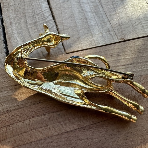 Vintage Pair 2 Giraffe Brooch Pin 2.75 Inch Rhinestones Black Enamel Gold Plated - Picture 9 of 14